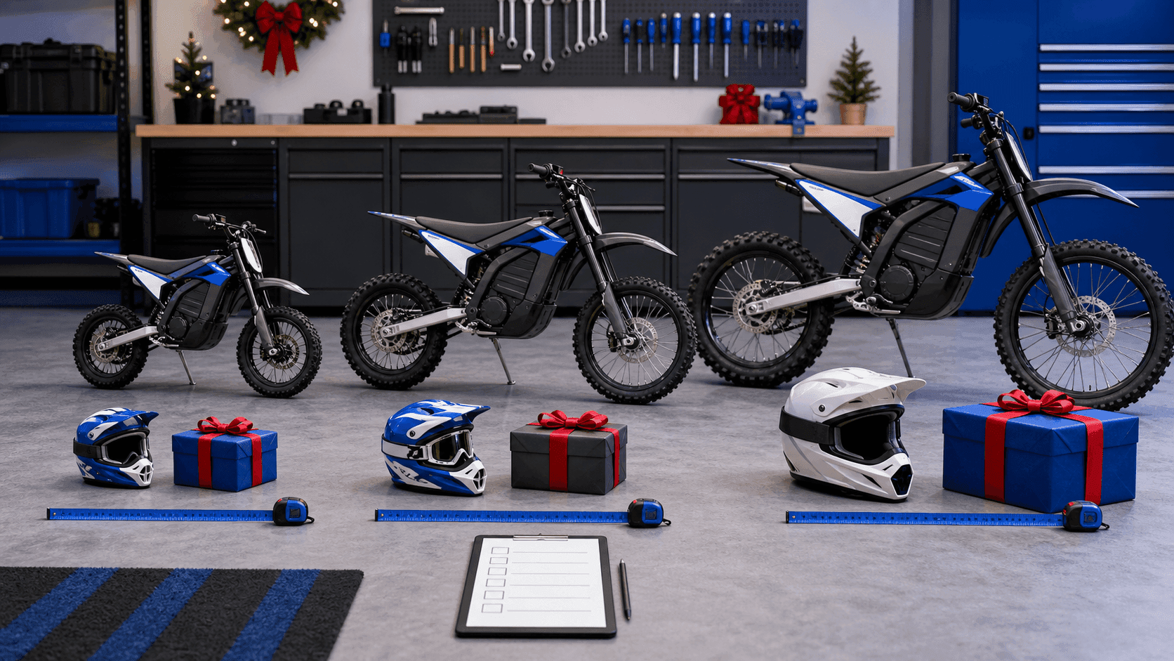 Three differently sized electric dirt bikes with youth, teen, and adult riding gear